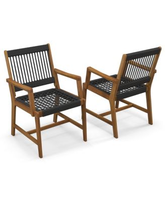 Patio 2pcs Acacia Wood Dining Chairs All-Weather Rope Woven Armchairs Outdoor