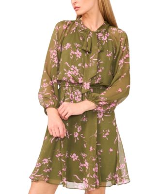 Women's Long Balloon Sleeve Tie Neck Dress