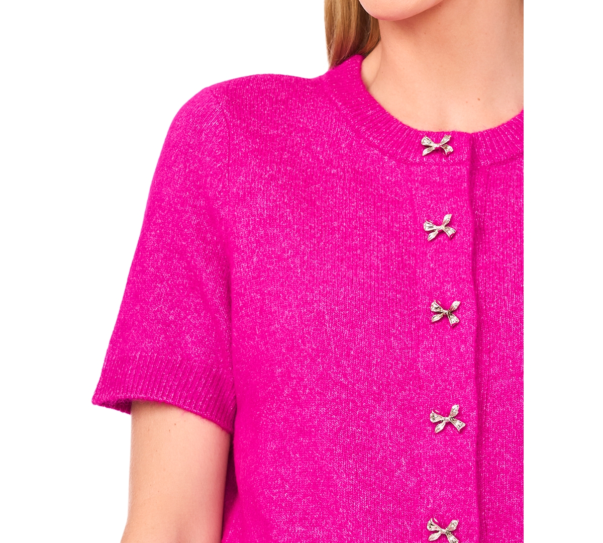 Cece Women's Short Sleeve Bow Button Cardigan Sweater In Pink