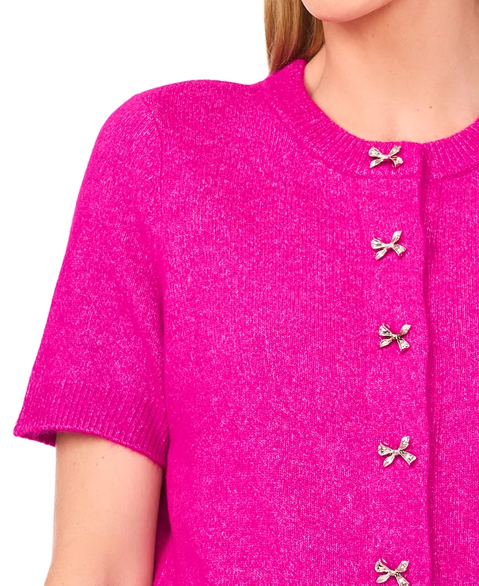 Women's Short Sleeve Bow Button Cardigan Sweater - thumbnail 2
