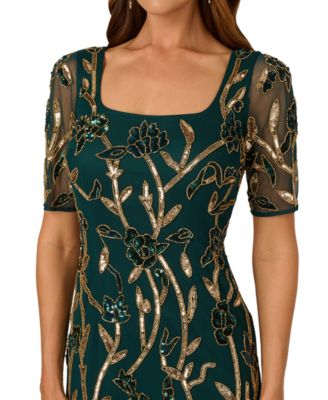 Women's Square-Neck Beaded Mesh Gown