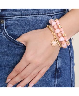 Set of 3 Pink and Gold-Tone Beaded Stretch Bracelets