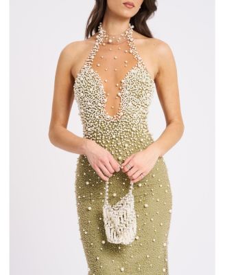 Women's Ginny Pear Green Pearl Embellished Backless Gown