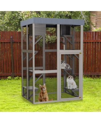 70.5 in. H Outdoor Wooden Cat Enclosure with 6 Jumping Platforms 2 Napping Houses Movable tarp cover in Gray
