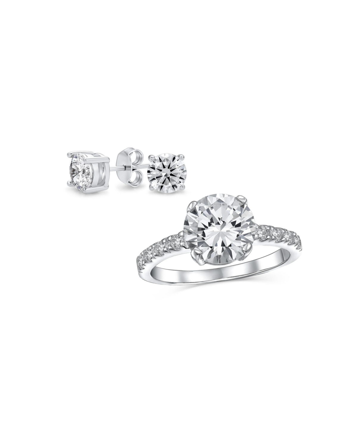 Bling Jewelry Classic Sterling Silver 2-Pc. Cz Promise Ring & Stud Earring 3 Ct Solitaire Round-Cut Center Stone