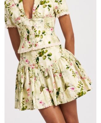 Women Zanelle Green Floral Print Drop Waist Linen Full Skirt