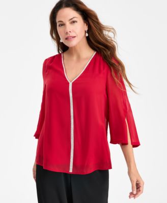 JM Collection - Women's Embellished V-Neck 3/4-Sleeve Blouse