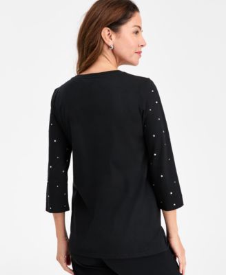 Women's Rhinestone Embellished Cotton 3/4-Sleeve Top, Macy's Exclusive