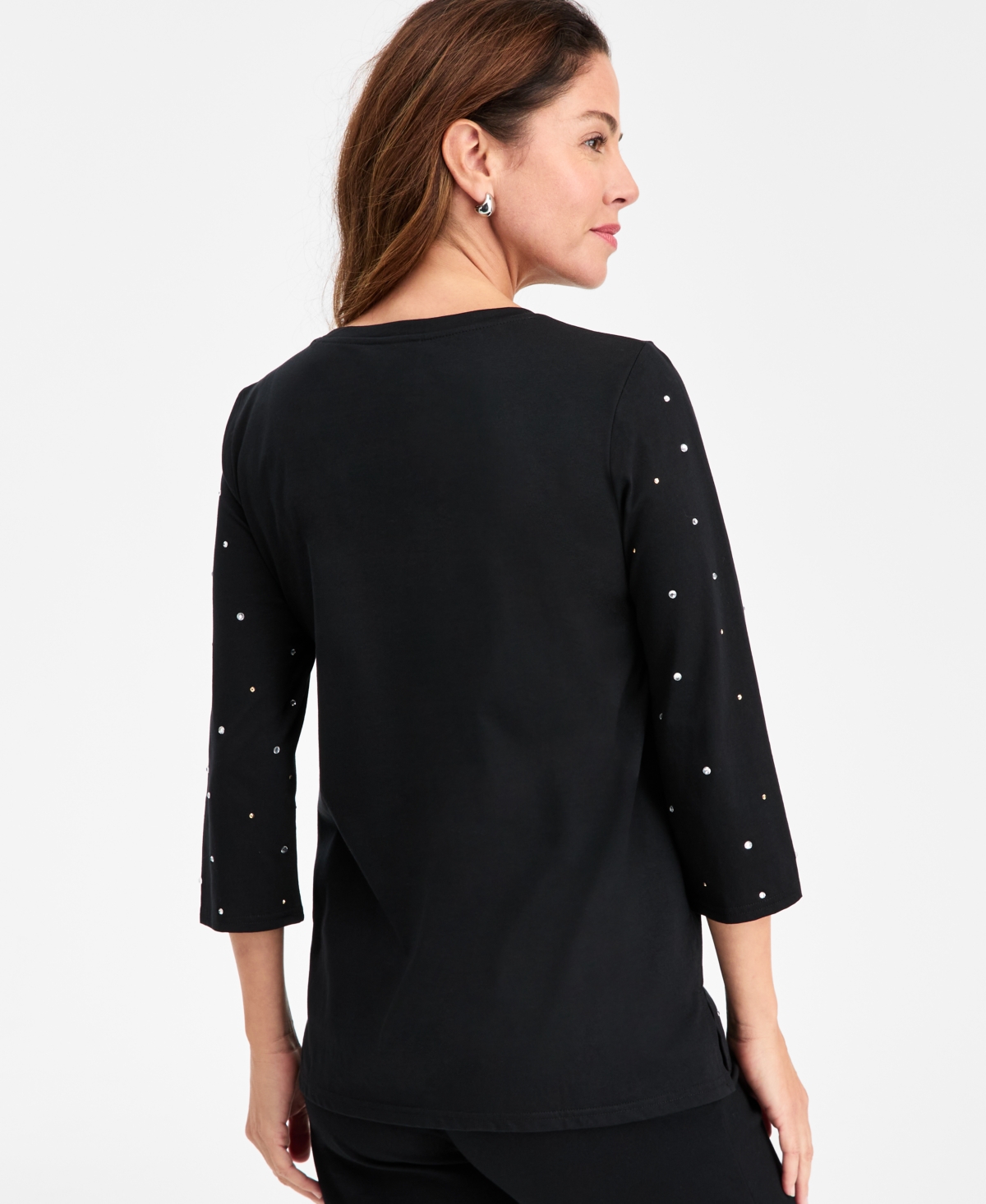 Jm Collection Women's Rhinestone Embellished Cotton 3/4-Sleeve Top, Macy's Exclusive