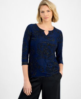 JM Collection - Women's Floral Shine Flocked Top