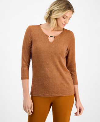 Women's Striped Shine Keyhole Jacquard Top