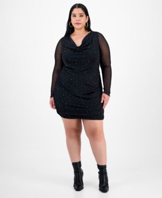 Bar III - Trendy Plus Embellished Cowlneck Long-Sleeve Mini Dress