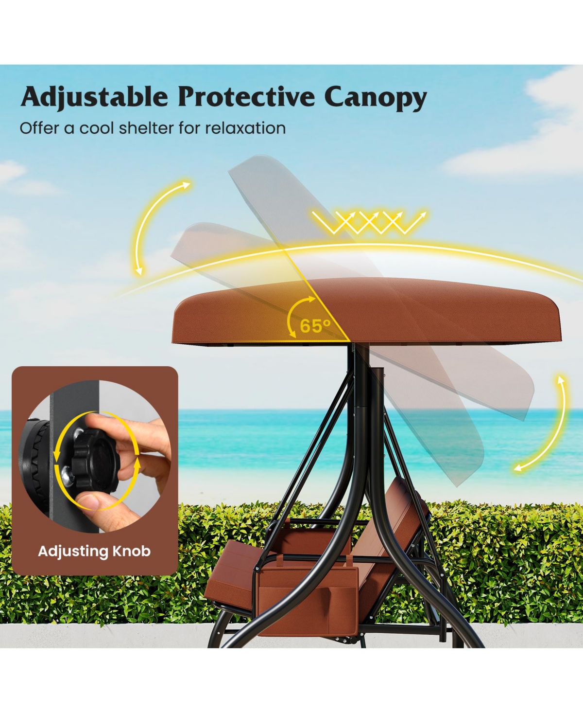 Gymax 3-Seat Patio Swing w/ Canopy & Removable Cushions Side Pockets Stand