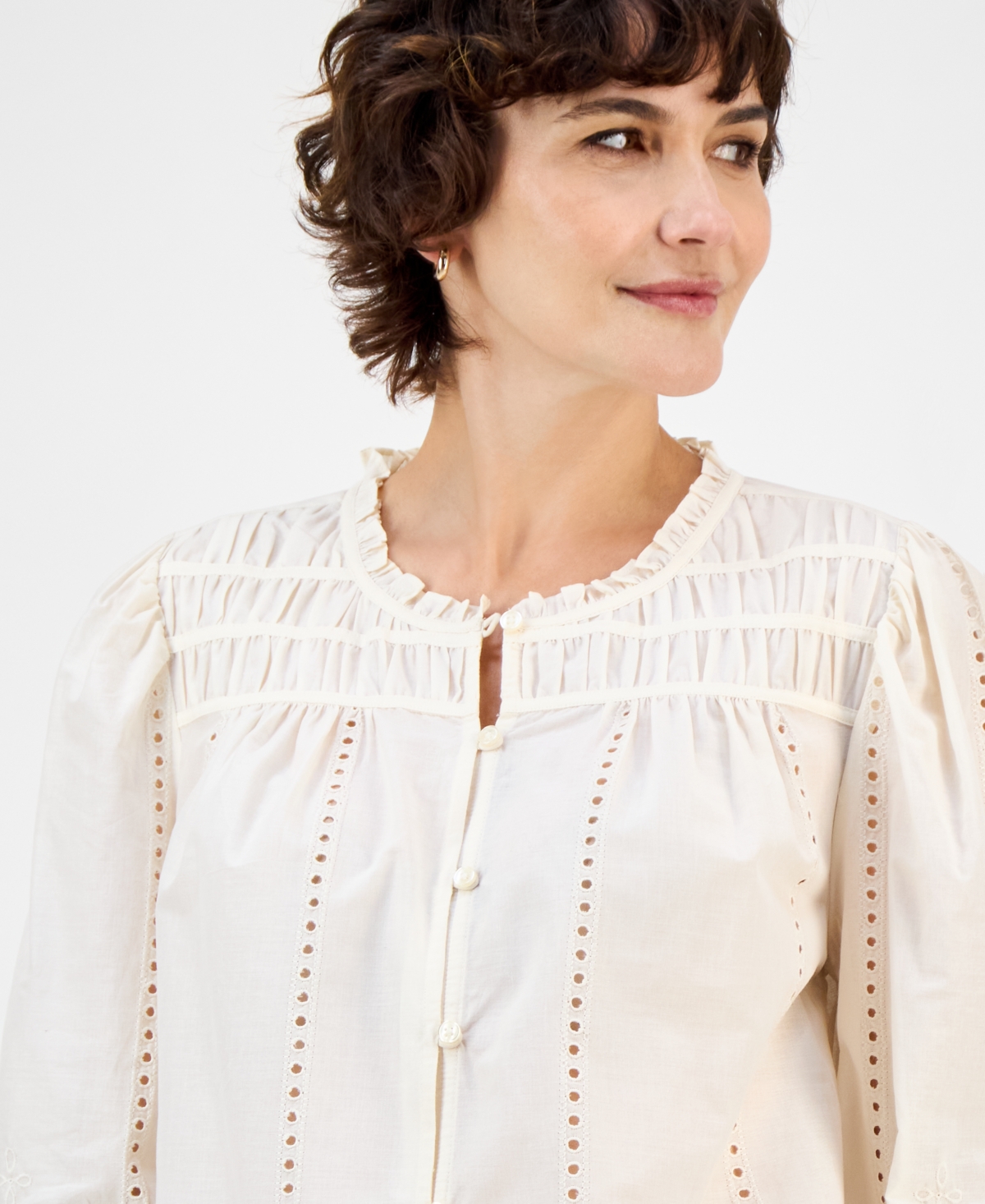 Style & Co Women's Cotton Ruched 3/4-sleeve Eyelet Top, Macy's Exclusive In Green