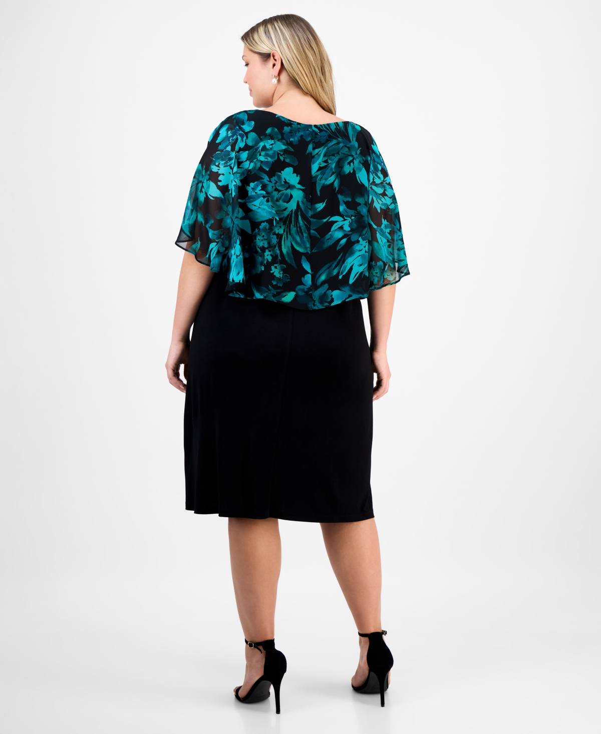 Connected Plus Size Short-sleeve Cape Overlay Jersey Dress In Multi