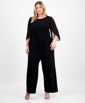 Connected - Plus Size Bell-Sleeve Tassel-Belt Jumpsuit