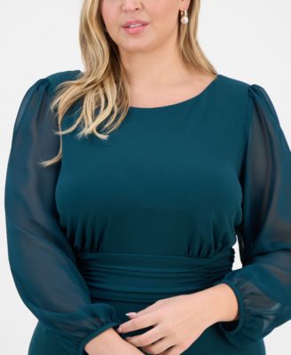 Plus Size Shirred-Waist Sheer-Sleeve Midi Dress