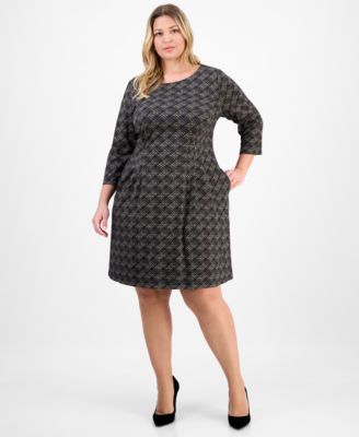 Connected - Plus Size Knit Long-Sleeve Tuck-Front Fit & Flare Dress