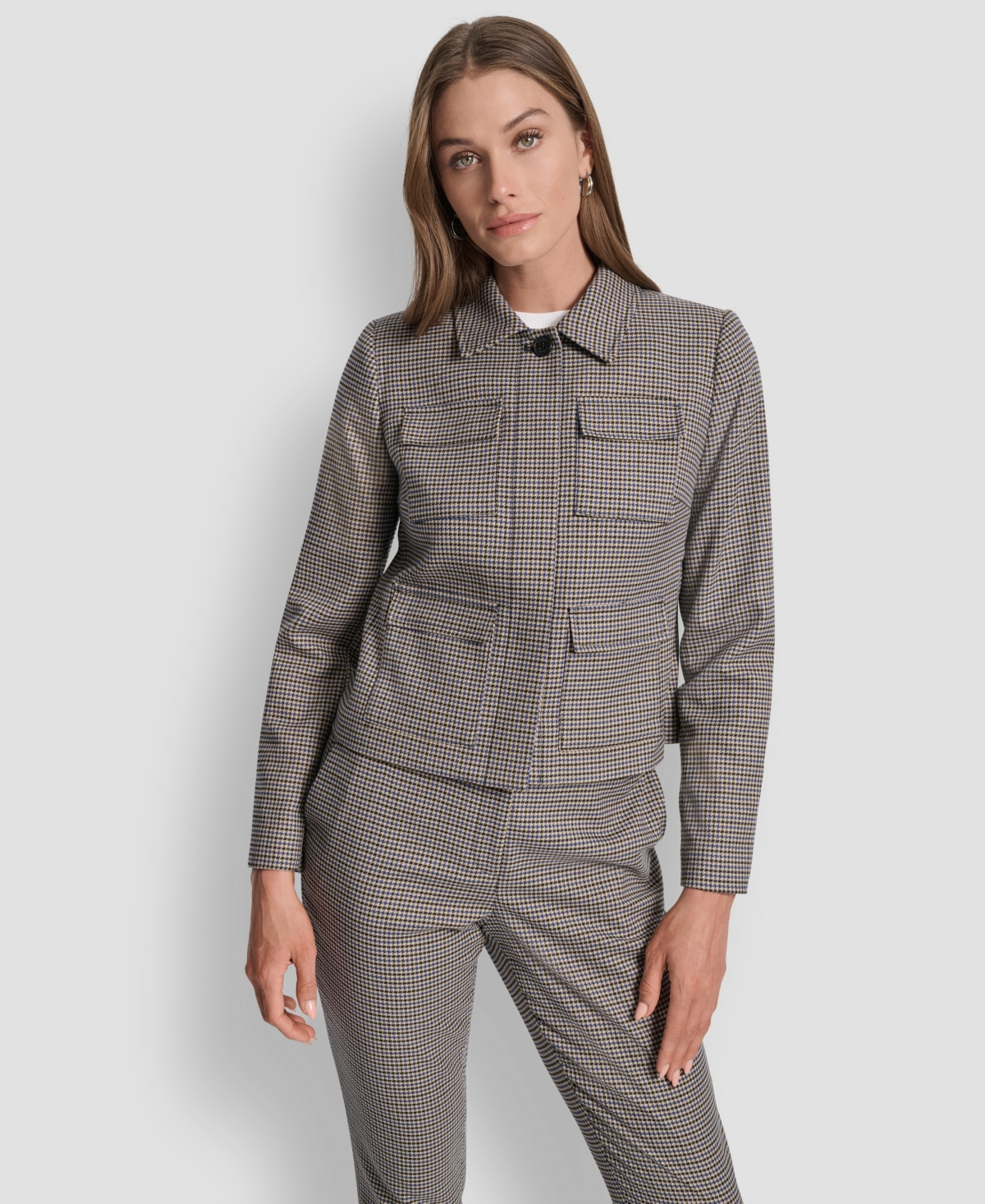Dkny Petite Houndstooth Long Sleeve Trucker Jacket In Gray