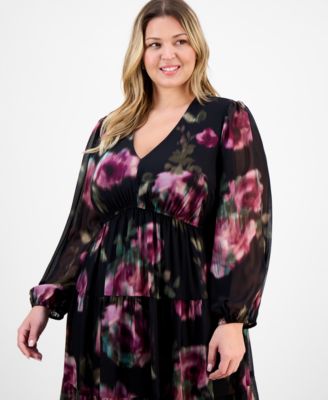 Plus Size V-Neck Printed Chiffon Long-Sleeve Maxi Dress