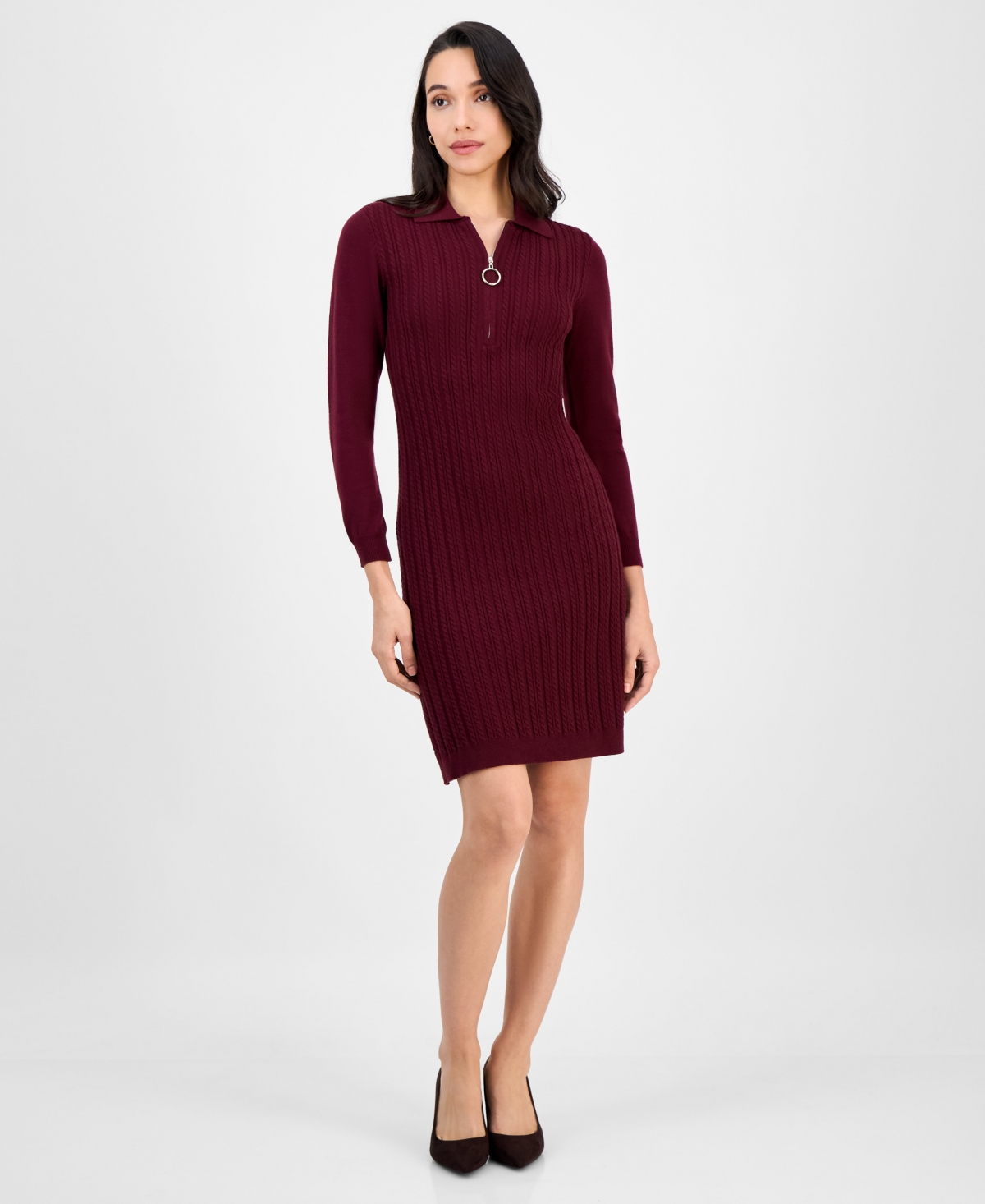 Robbie Bee Petite Cable-knit Half-zip Sweater Dress In Burgundy