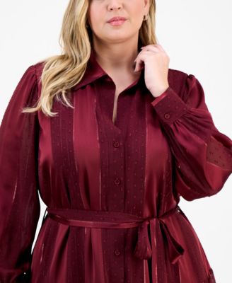 Plus Size Long-Sleeve Satin Stripe Shirtdress