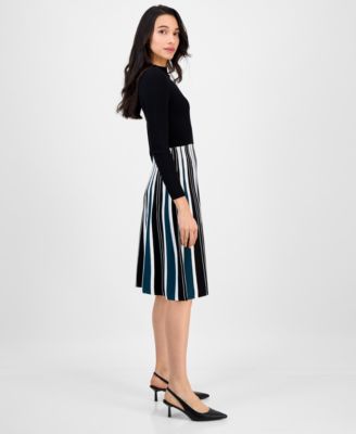 Petite Long-Sleeve Pleated-Skirt Sweater Dress