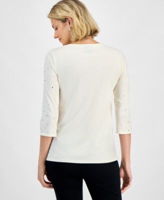 Women's Rhinestone Embellished Cotton 3/4-Sleeve Top, Macy's Exclusive