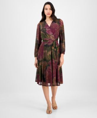Robbie Bee - Petite Long-Sleeve Printed Mesh Midi Dress