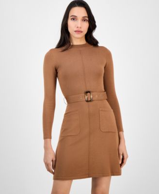 Petite Belted Mock Neck Sweater Dress
