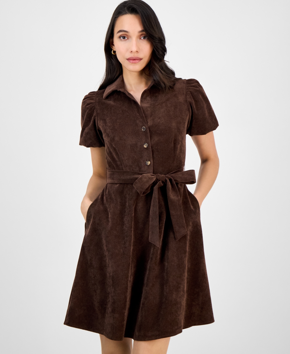 Robbie Bee Petite Short-sleeve Button-front Corduroy Shirtdress In Brown