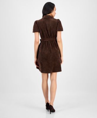 Petite Short-Sleeve Button-Front Corduroy Shirtdress