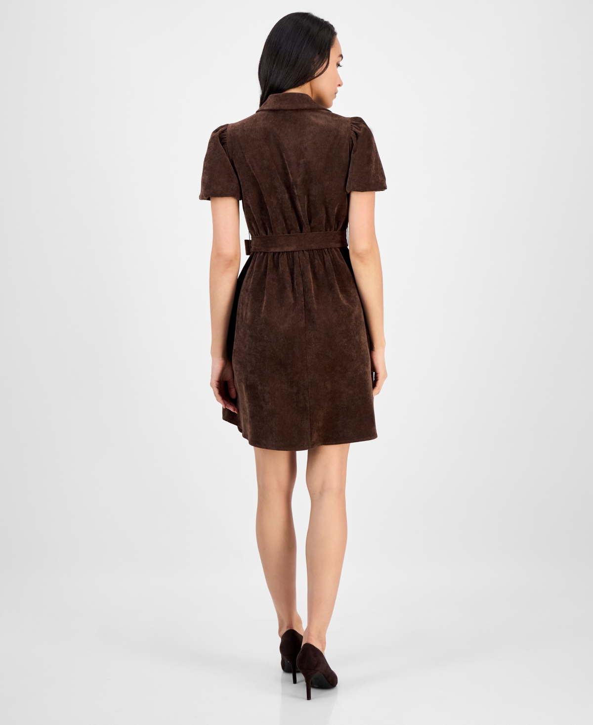 Robbie Bee Petite Short-sleeve Button-front Corduroy Shirtdress In Brown