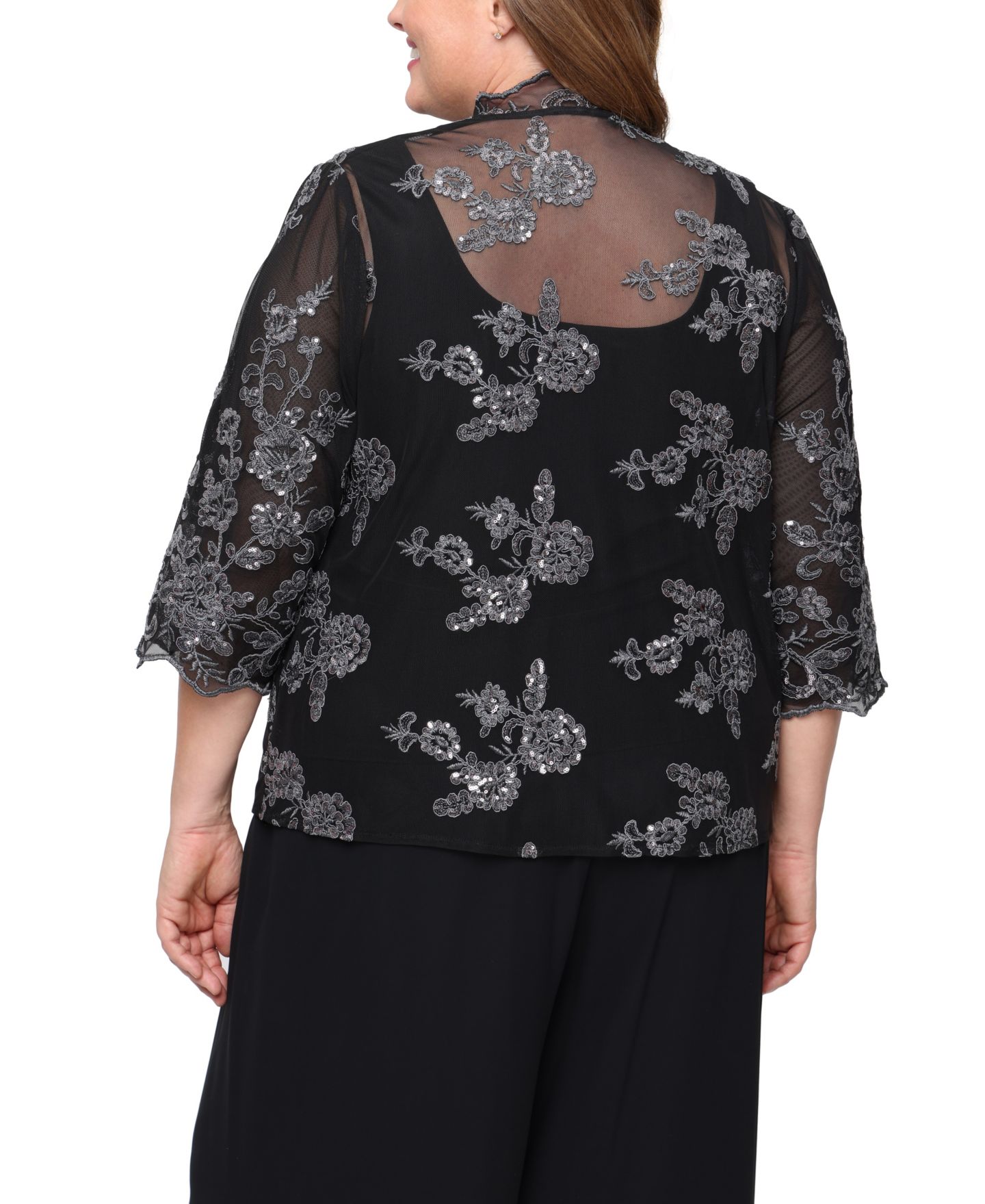 Женские комплекты Alex Evenings Plus Size 3/4-Sleeve Embroidered Jacket and Tank Twinset, цвет: Чёрный серый — фото 4