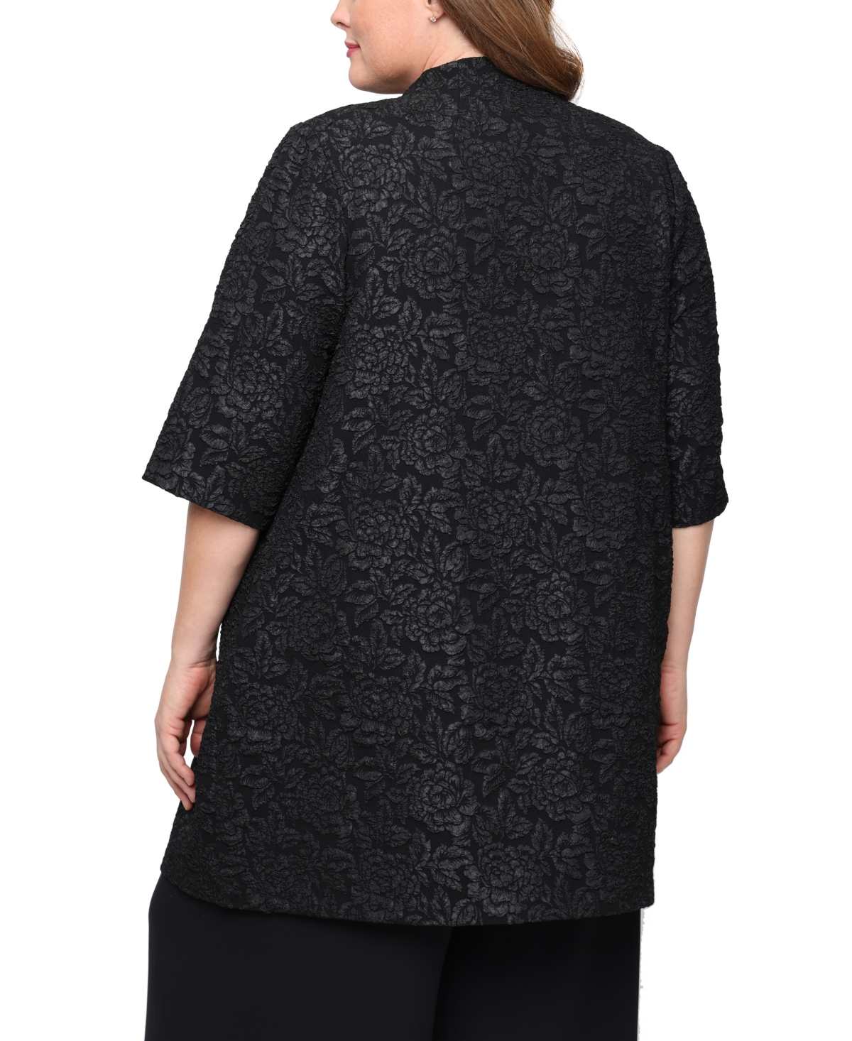 Alex Evenings Plus Size 3/4-sleeve Textured Jacquard Top And Jacket Twinset In Black