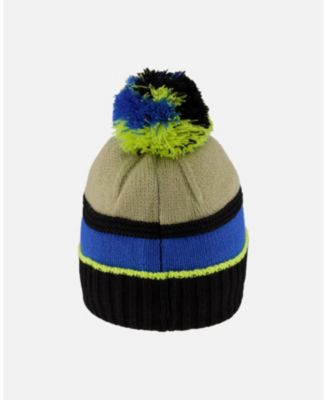 Boy Lined Knit Pompom Hat Black, Taupe and Lime Green - Toddler|Child