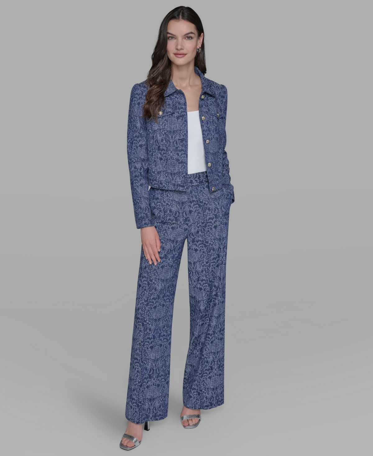Karl Lagerfeld Womens Printed Denim Button Front Jacket P Xs Xl In Blue