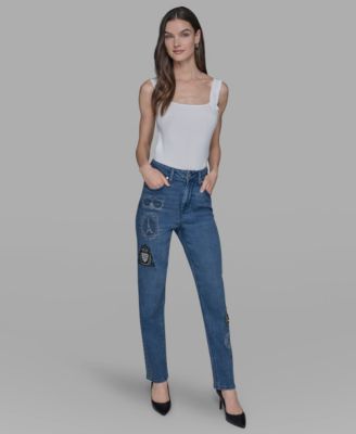 KARL LAGERFELD PARIS - Women's Patch Denim Straight-Leg Jeans