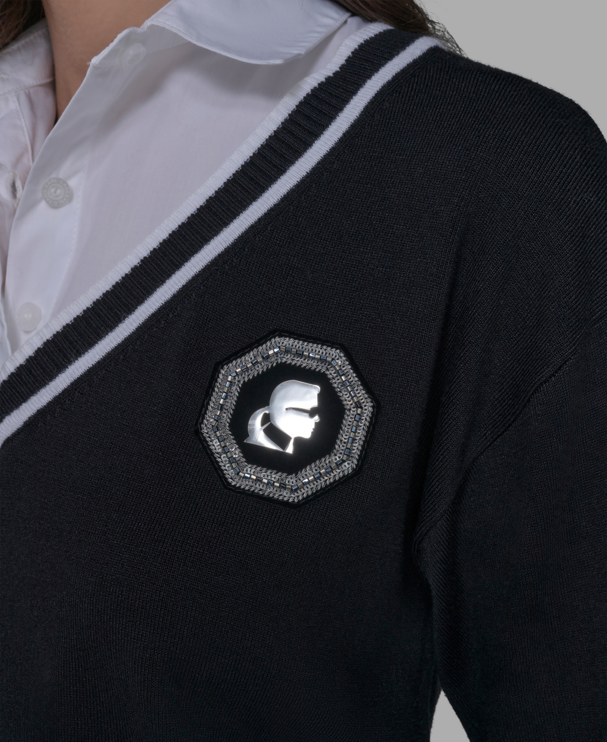 Karl Lagerfeld Paris Women's Twofer Patch V-Neck Sweater