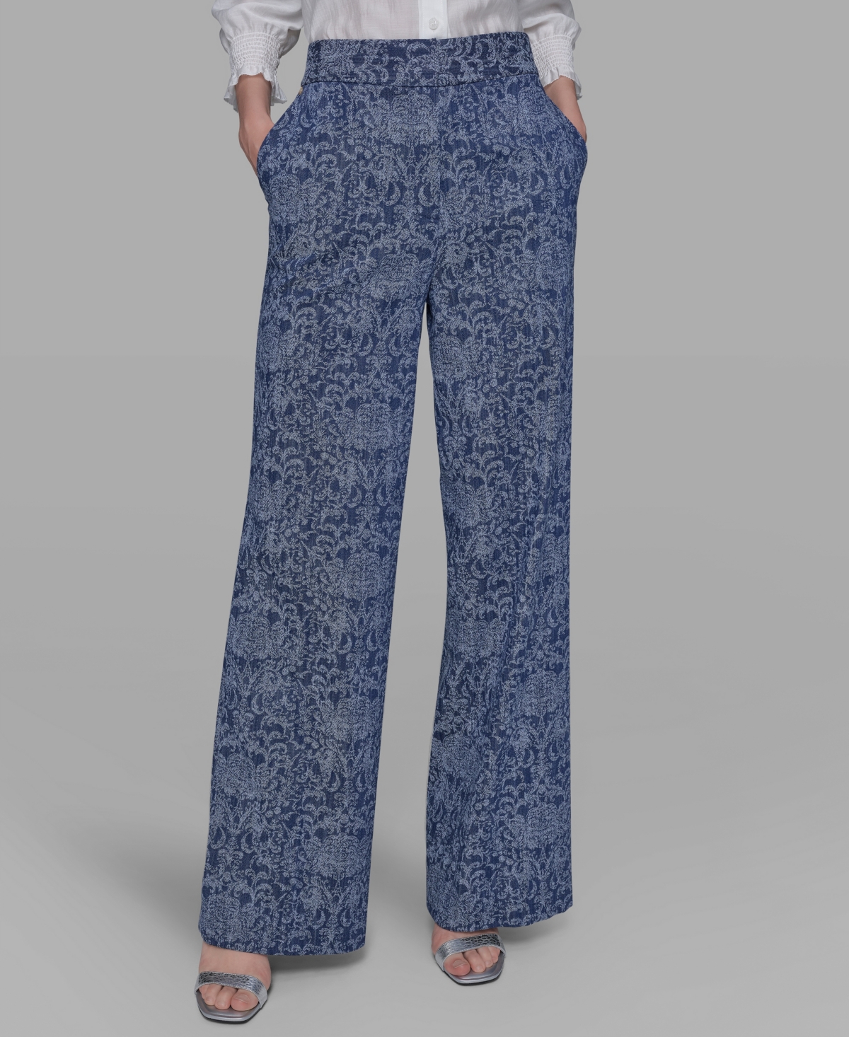 Karl Lagerfeld Women's Printed Wide-leg Denim Pants In Blue