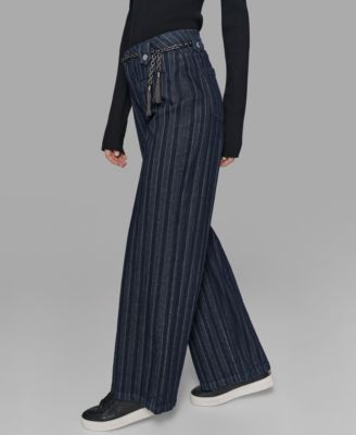 Women's Striped Denim Belted Wide-Leg Pants