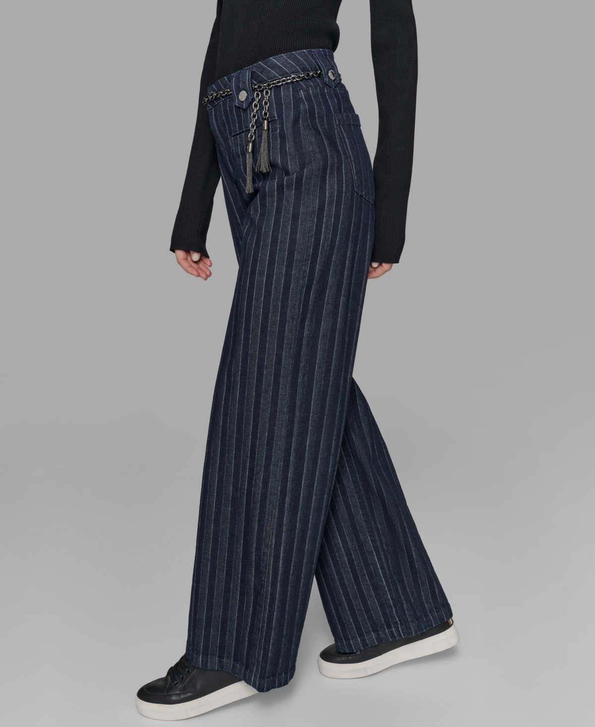 Karl Lagerfeld Women's Striped Denim Belted Wide-leg Pants In Multi
