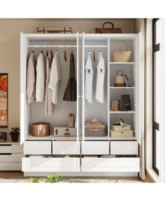 Luxury white 4-door 6-drawer wardrobe with mirror, bedroom Armoire, Closet
