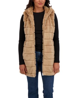 Women's Hooded Grooved 3/4 Faux Fur Vest