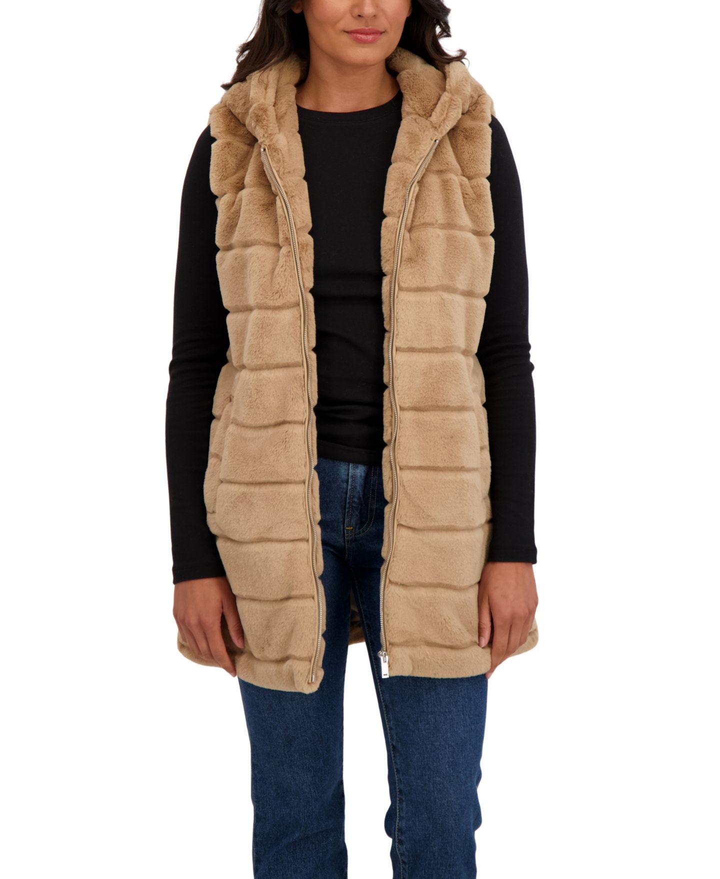 Женский жилет Sebby Collection Hooded Grooved 3/4 Faux Fur Vest, цвет: Верблюжий — фото 5