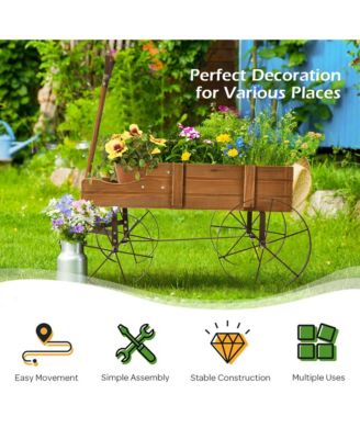 Garden Plant Planter Wooden Wagon Planter W/ Wheel Garden Yard