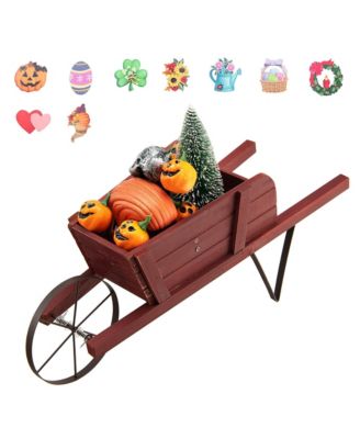 Wooden Wagon Planter Decorative Indoor/ Outdoor Rustic Flower Cart w/ Wheel