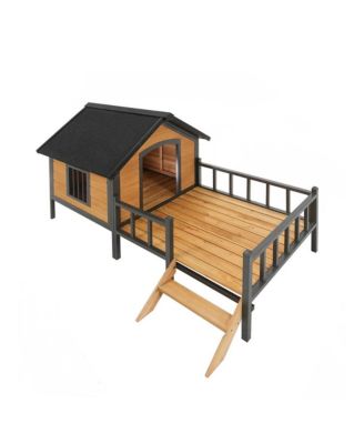 67 in. Wooden Dog House Dog Kennel with All-Around Iron Frame and Porch in Natural