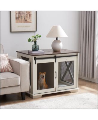 White Farmhouse Dog Kennel End Table with Barn Door Flip Top and Divider