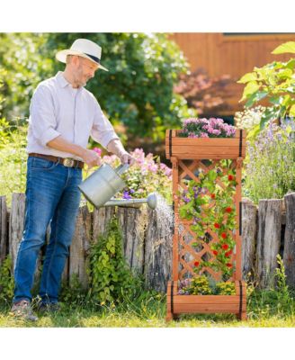 2-Tier Raised Planter Garden Wooden Bed w/ 2 Cylindrical Planter Boxes